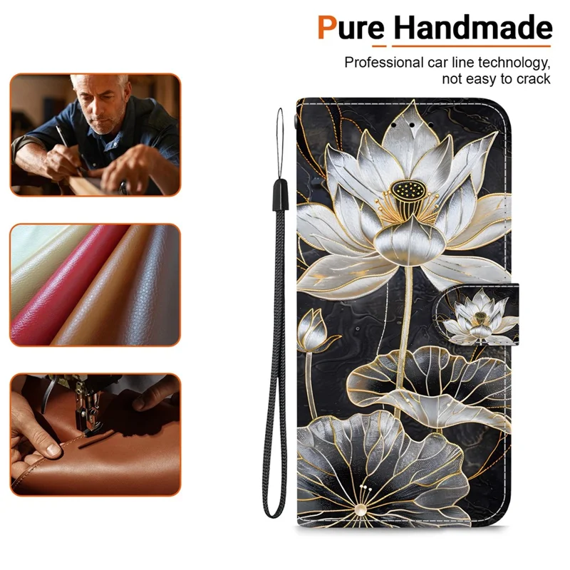 For iPhone 16 Pro Max Wallet Case Flip Stand Pattern Printing PU Leather Phone Cover with Wrist Strap - Gold Ink Lotus