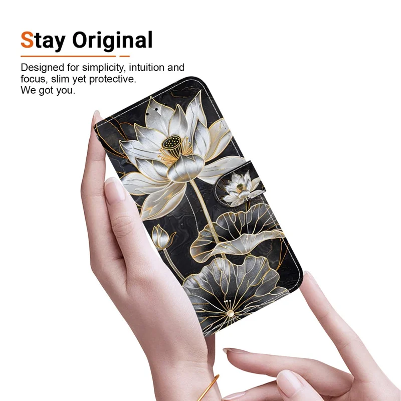For iPhone 16 Pro Max Wallet Case Flip Stand Pattern Printing PU Leather Phone Cover with Wrist Strap - Gold Ink Lotus