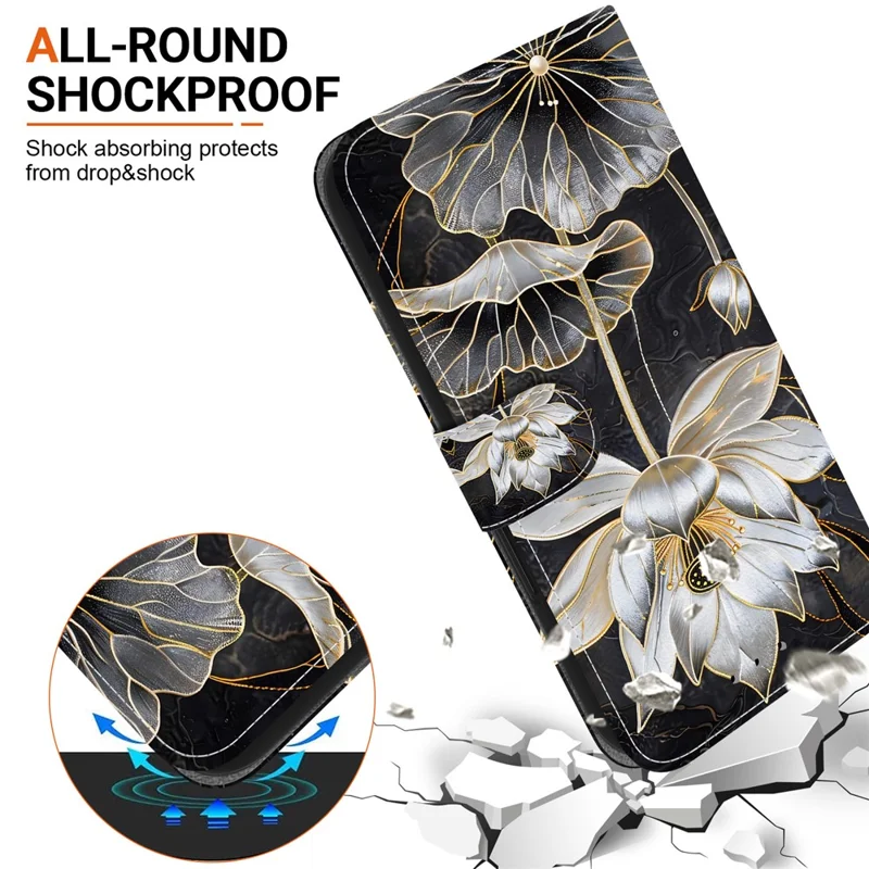 For iPhone 16 Pro Max Wallet Case Flip Stand Pattern Printing PU Leather Phone Cover with Wrist Strap - Gold Ink Lotus