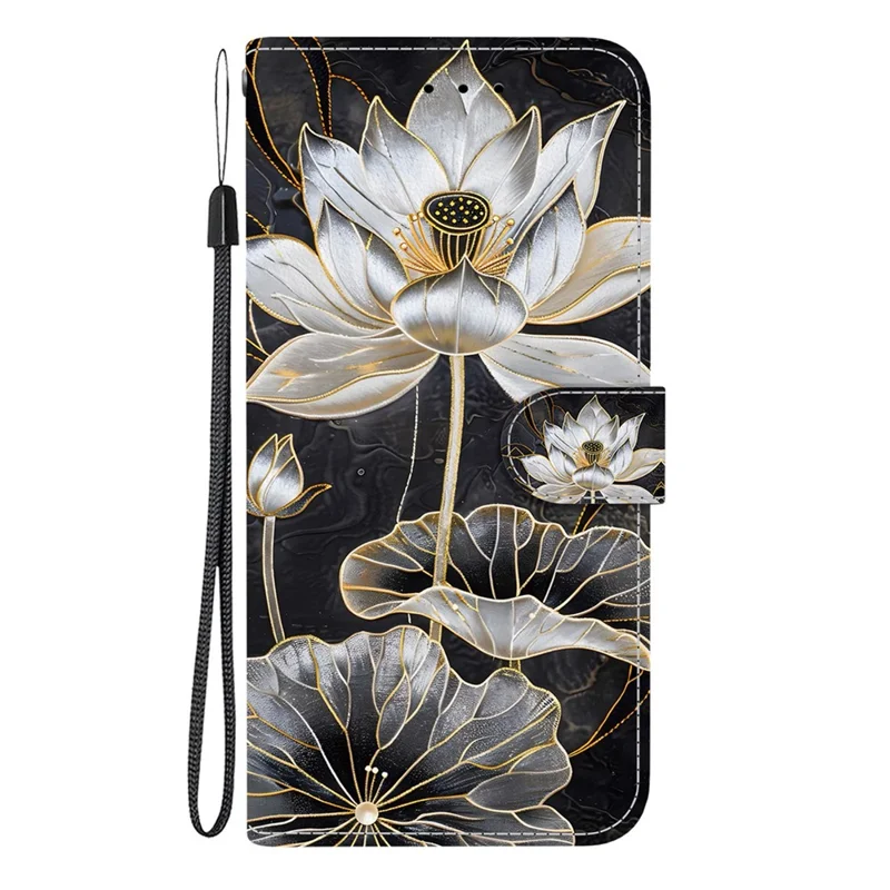 For iPhone 16 Pro Max Wallet Case Flip Stand Pattern Printing PU Leather Phone Cover with Wrist Strap - Gold Ink Lotus