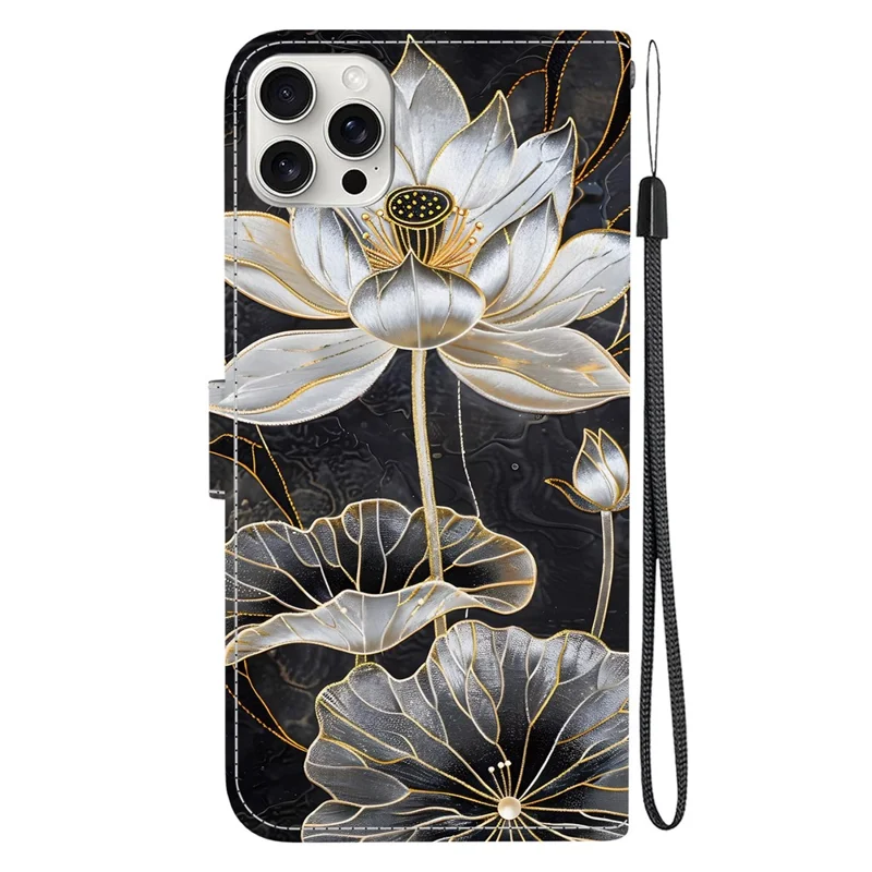 For iPhone 16 Pro Max Wallet Case Flip Stand Pattern Printing PU Leather Phone Cover with Wrist Strap - Gold Ink Lotus