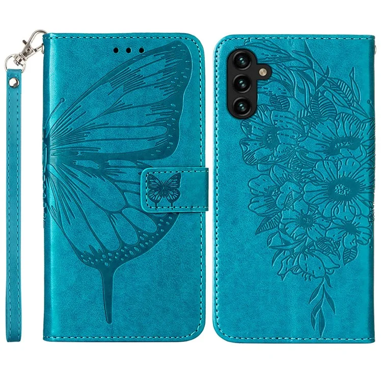 YB Imprinting Series-4 Per Samsung Galaxy A34 5G PU Leather Butterfly Flower Imprinted Phone Cover Magnetic Clasp Stand Wallet Case con Cinturino per Polso - Blu