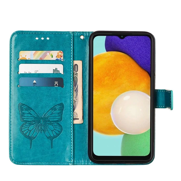 YB Imprinting Series-4 Per Samsung Galaxy A34 5G PU Leather Butterfly Flower Imprinted Phone Cover Magnetic Clasp Stand Wallet Case con Cinturino per Polso - Blu