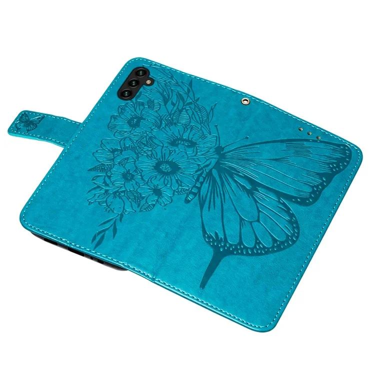 YB Imprinting Series-4 Per Samsung Galaxy A34 5G PU Leather Butterfly Flower Imprinted Phone Cover Magnetic Clasp Stand Wallet Case con Cinturino per Polso - Blu
