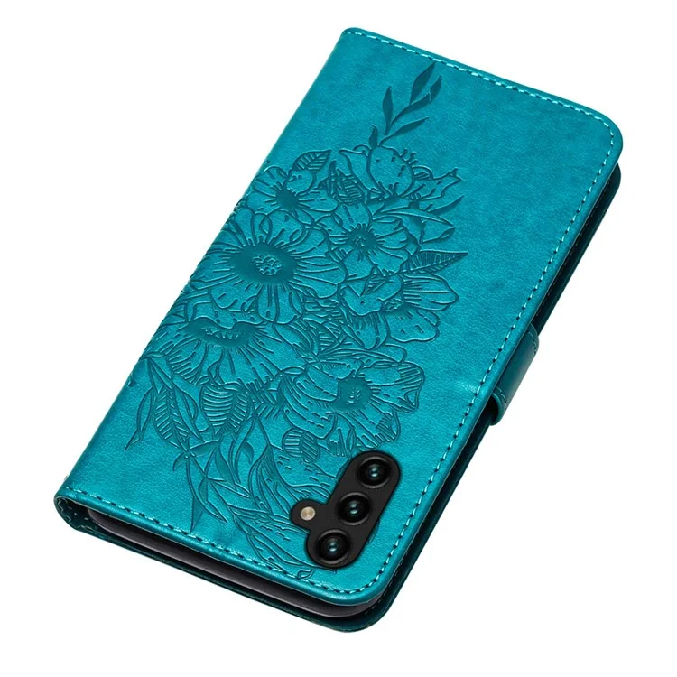 YB Imprinting Series-4 Per Samsung Galaxy A34 5G PU Leather Butterfly Flower Imprinted Phone Cover Magnetic Clasp Stand Wallet Case con Cinturino per Polso - Blu