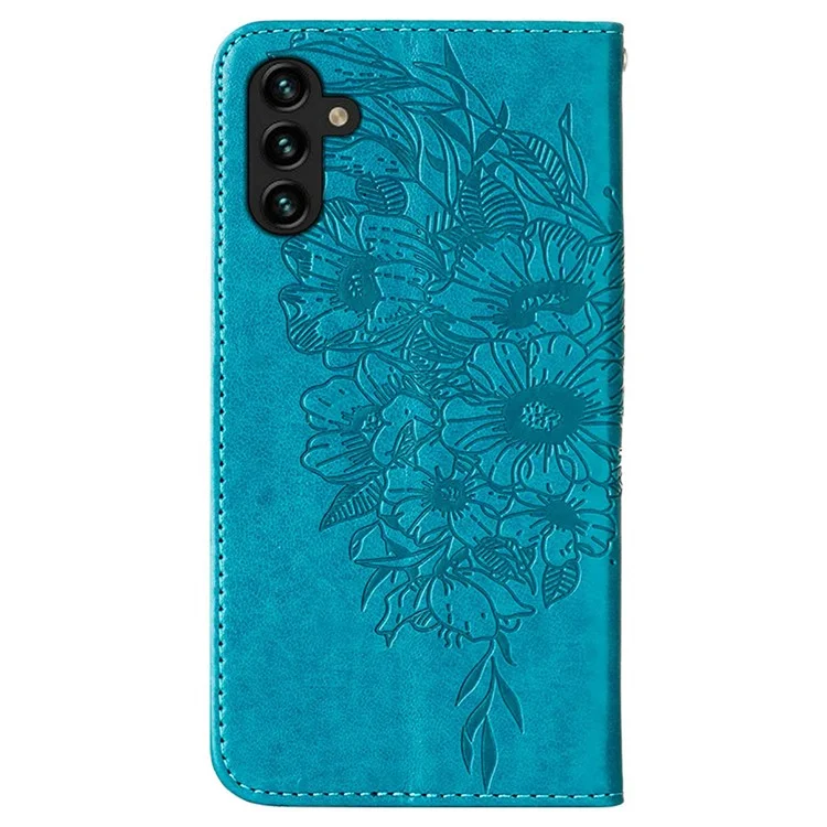 YB Imprinting Series-4 Per Samsung Galaxy A34 5G PU Leather Butterfly Flower Imprinted Phone Cover Magnetic Clasp Stand Wallet Case con Cinturino per Polso - Blu