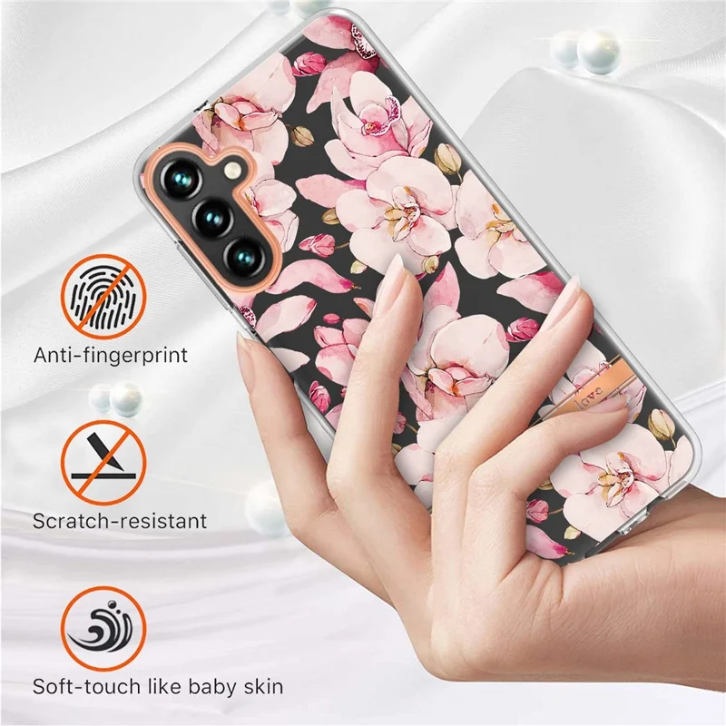 For Samsung Galaxy A54 5G Case IMD IML Flower Pattern Electroplated TPU Back Cover - HC005 Pink Gardenia