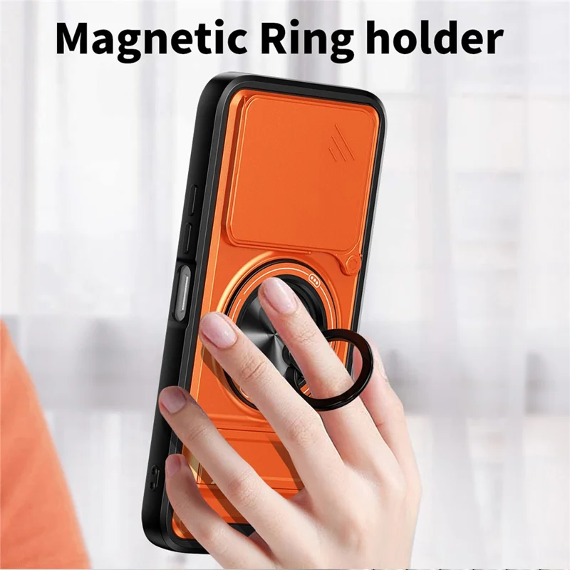 For TECNO Spark 50 Pro 4G Magnetic Case Ring Holder Foldable Kickstand TPU PC Phone Cover with Camera Lens Slider - Orange