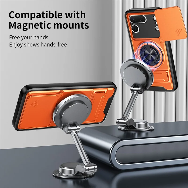 For TECNO Spark 50 Pro 4G Magnetic Case Ring Holder Foldable Kickstand TPU PC Phone Cover with Camera Lens Slider - Orange