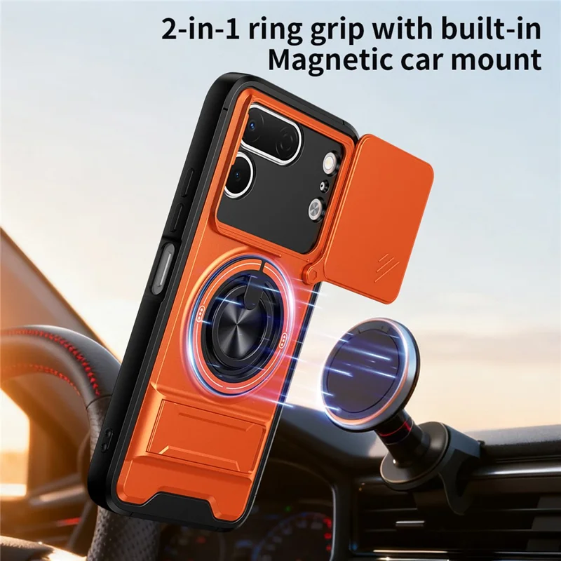 For TECNO Spark 50 Pro 4G Magnetic Case Ring Holder Foldable Kickstand TPU PC Phone Cover with Camera Lens Slider - Orange