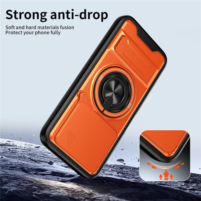 For TECNO Spark 50 Pro 4G Magnetic Case Ring Holder Foldable Kickstand TPU PC Phone Cover with Camera Lens Slider - Orange