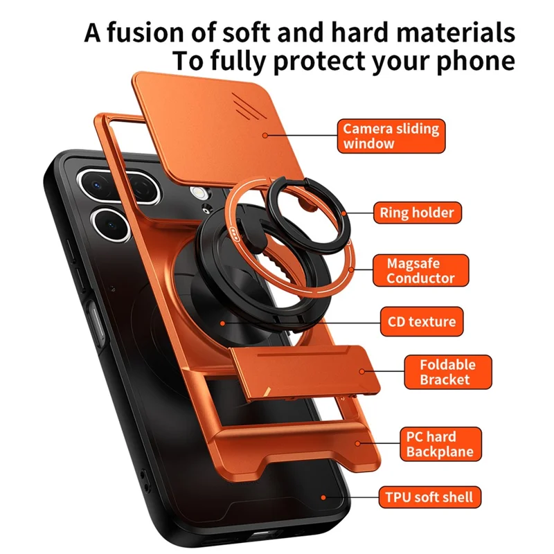 For TECNO Spark 50 Pro 4G Magnetic Case Ring Holder Foldable Kickstand TPU PC Phone Cover with Camera Lens Slider - Orange
