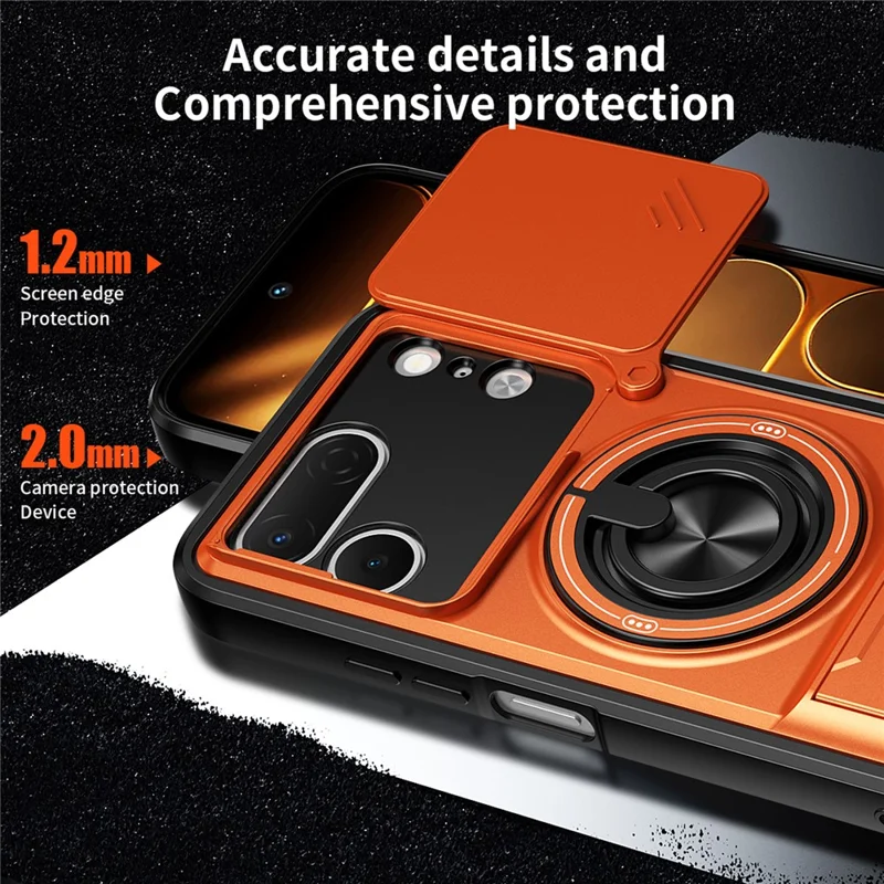 For TECNO Spark 50 Pro 4G Magnetic Case Ring Holder Foldable Kickstand TPU PC Phone Cover with Camera Lens Slider - Orange