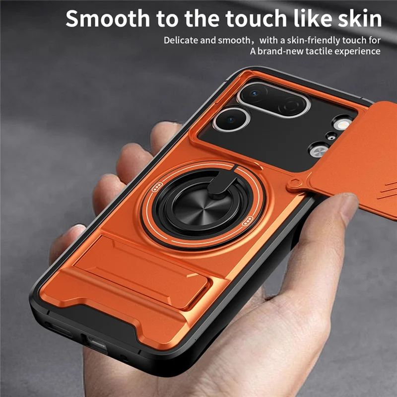 For TECNO Spark 50 Pro 4G Magnetic Case Ring Holder Foldable Kickstand TPU PC Phone Cover with Camera Lens Slider - Orange