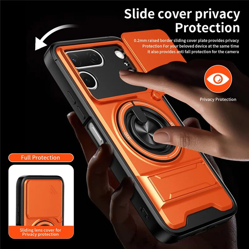 For TECNO Spark 50 Pro 4G Magnetic Case Ring Holder Foldable Kickstand TPU PC Phone Cover with Camera Lens Slider - Orange