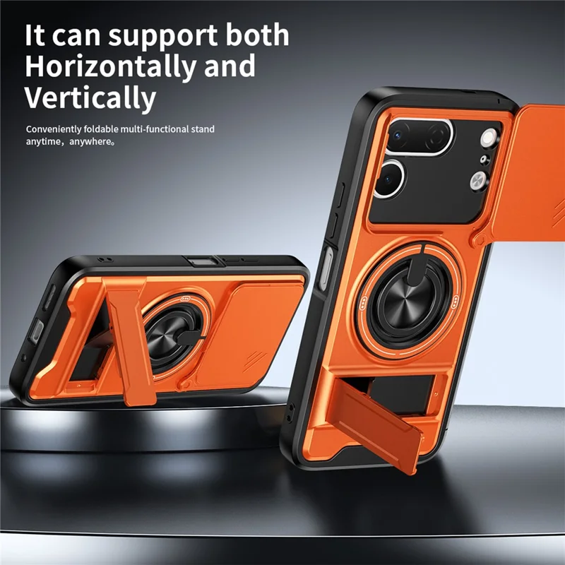 For TECNO Spark 50 Pro 4G Magnetic Case Ring Holder Foldable Kickstand TPU PC Phone Cover with Camera Lens Slider - Orange