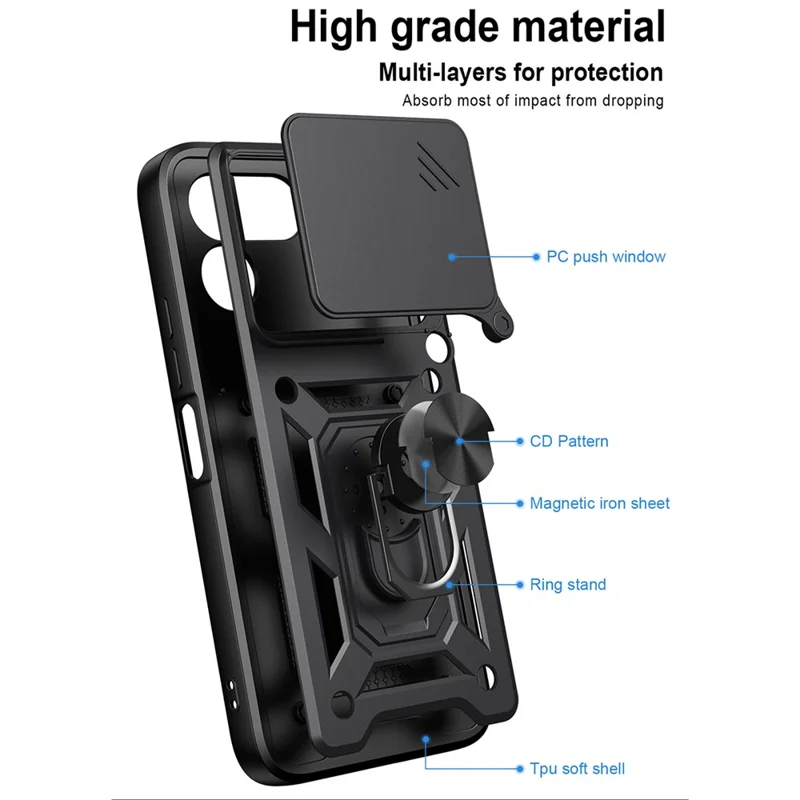 For TECNO Spark 50 Pro 4G Case with Slide Camera Lid PC + TPU Kickstand Phone Cover - Black