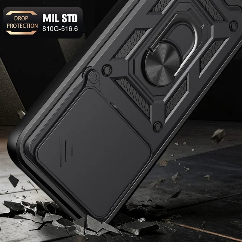 For TECNO Spark 50 Pro 4G Case with Slide Camera Lid PC + TPU Kickstand Phone Cover - Black