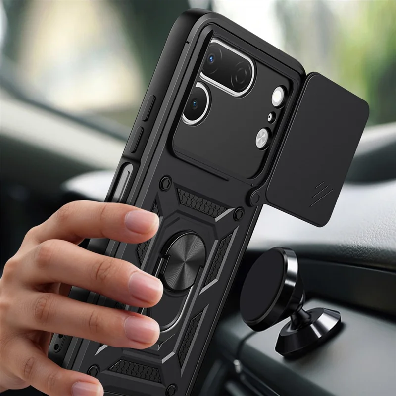 For TECNO Spark 50 Pro 4G Case with Slide Camera Lid PC + TPU Kickstand Phone Cover - Black