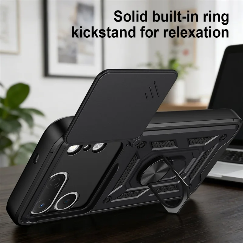 For TECNO Spark 50 Pro 4G Case with Slide Camera Lid PC + TPU Kickstand Phone Cover - Black