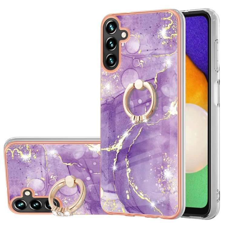 Per Samsung Galaxy A54 5G YB IMD Serie-10 Ring Kickstand Protezione da Caduta TPU Phone Case IMD IML Marmo Modello Cornice Elettroplaccata Custodia Protettiva - Viola 002