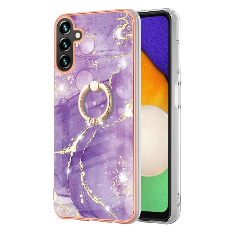 Per Samsung Galaxy A54 5G YB IMD Serie-10 Ring Kickstand Protezione da Caduta TPU Phone Case IMD IML Marmo Modello Cornice Elettroplaccata Custodia Protettiva - Viola 002