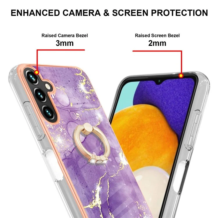 Per Samsung Galaxy A54 5G YB IMD Serie-10 Ring Kickstand Protezione da Caduta TPU Phone Case IMD IML Marmo Modello Cornice Elettroplaccata Custodia Protettiva - Viola 002