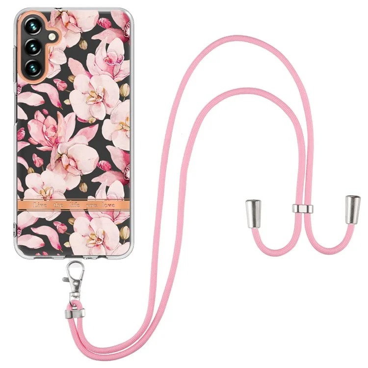 For Samsung Galaxy A54 5G Back Cover with Shoulder Strap Flower Pattern Electroplating TPU Case - HC005 Pink Gardenia