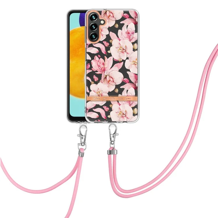 For Samsung Galaxy A54 5G Back Cover with Shoulder Strap Flower Pattern Electroplating TPU Case - HC005 Pink Gardenia