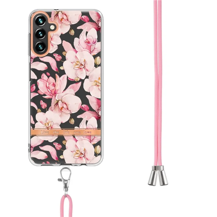 For Samsung Galaxy A54 5G Back Cover with Shoulder Strap Flower Pattern Electroplating TPU Case - HC005 Pink Gardenia