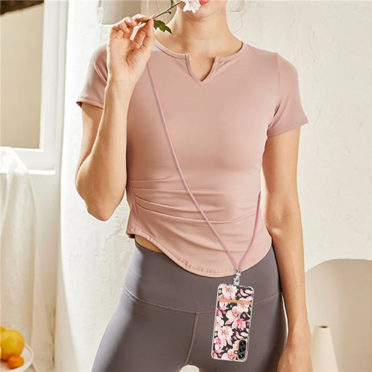 For Samsung Galaxy A54 5G Back Cover with Shoulder Strap Flower Pattern Electroplating TPU Case - HC005 Pink Gardenia