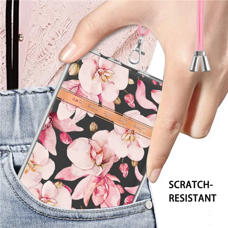 For Samsung Galaxy A54 5G Back Cover with Shoulder Strap Flower Pattern Electroplating TPU Case - HC005 Pink Gardenia