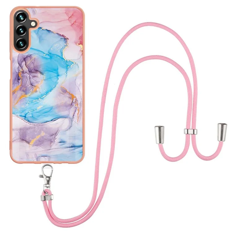 Для Samsung Galaxy A54 5G YB IMD Series-4 IMD IML Electroplating Frame Phone Case Marble Flower Pattern Soft TPU Back Protector Protective Cover with Lanyard - Milky Way Marble Blue