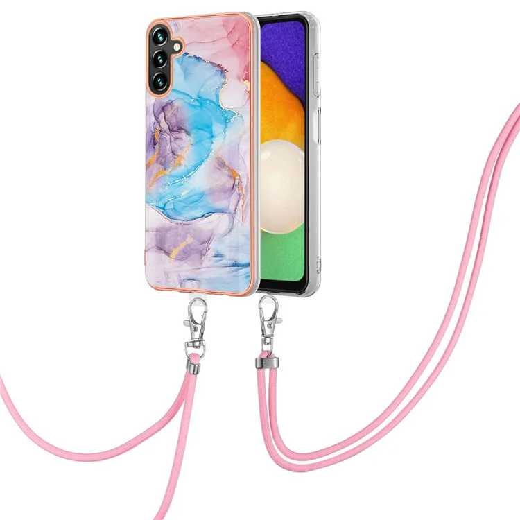 Для Samsung Galaxy A54 5G YB IMD Series-4 IMD IML Electroplating Frame Phone Case Marble Flower Pattern Soft TPU Back Protector Protective Cover with Lanyard - Milky Way Marble Blue