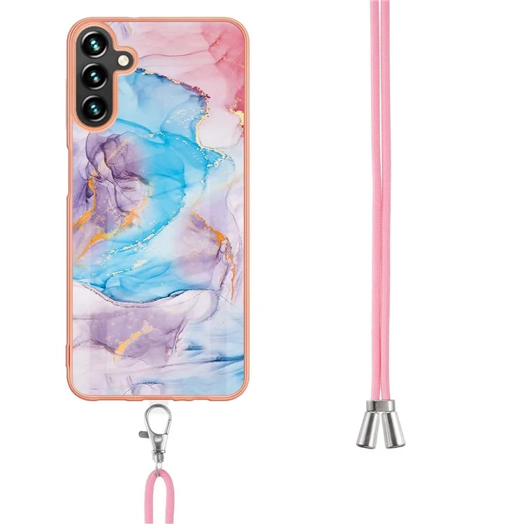 Для Samsung Galaxy A54 5G YB IMD Series-4 IMD IML Electroplating Frame Phone Case Marble Flower Pattern Soft TPU Back Protector Protective Cover with Lanyard - Milky Way Marble Blue