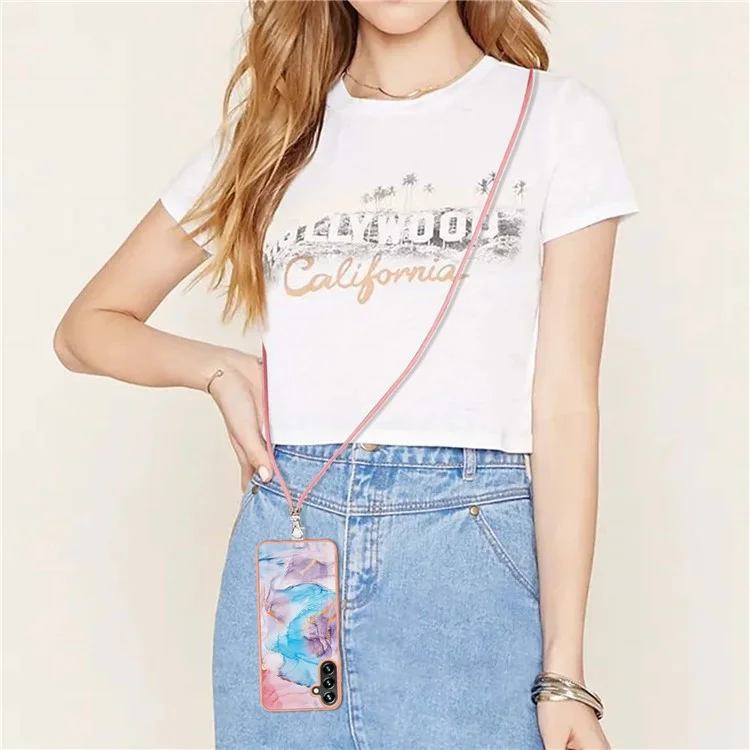 Для Samsung Galaxy A54 5G YB IMD Series-4 IMD IML Electroplating Frame Phone Case Marble Flower Pattern Soft TPU Back Protector Protective Cover with Lanyard - Milky Way Marble Blue