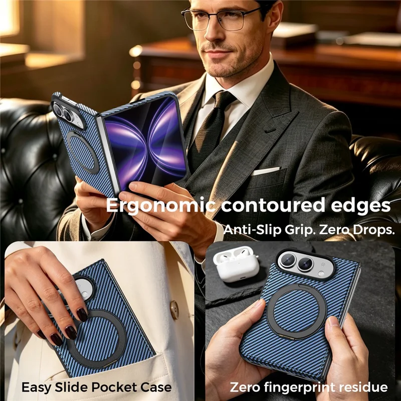 For iPhone Duo Magnetic Case Carbon Fiber Texture PU + TPU Kickstand Phone Cover - Blue