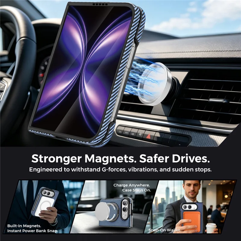 For iPhone Duo Magnetic Case Carbon Fiber Texture PU + TPU Kickstand Phone Cover - Blue