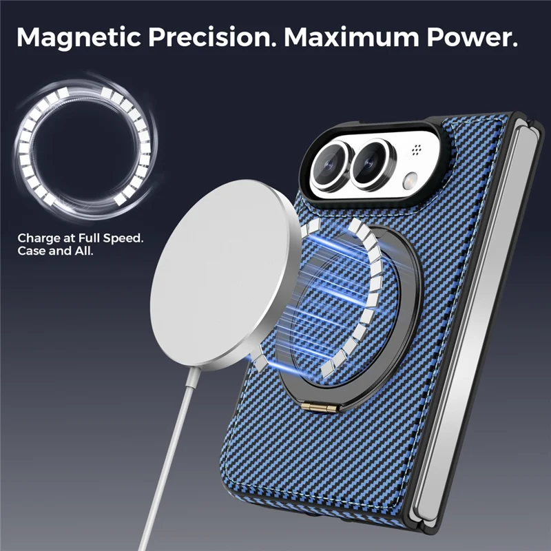 For iPhone Duo Magnetic Case Carbon Fiber Texture PU + TPU Kickstand Phone Cover - Blue
