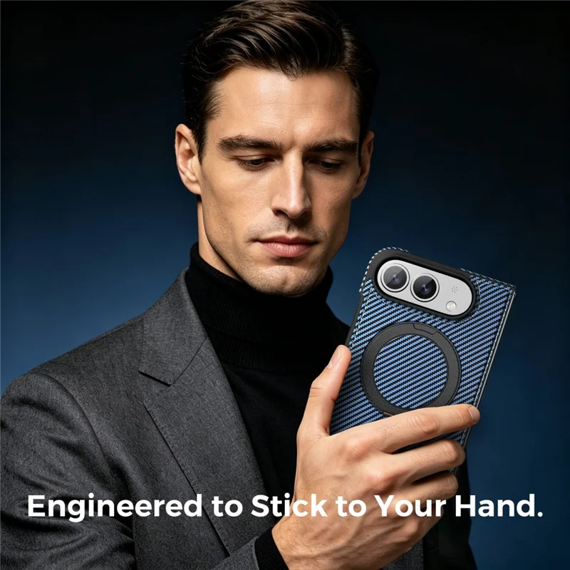 For iPhone Duo Magnetic Case Carbon Fiber Texture PU + TPU Kickstand Phone Cover - Blue