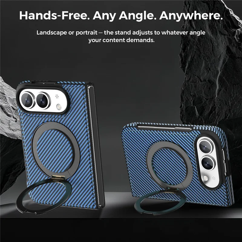 For iPhone Duo Magnetic Case Carbon Fiber Texture PU + TPU Kickstand Phone Cover - Blue