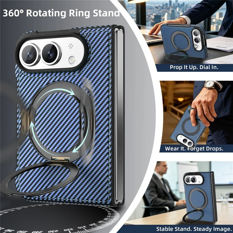 For iPhone Duo Magnetic Case Carbon Fiber Texture PU + TPU Kickstand Phone Cover - Blue