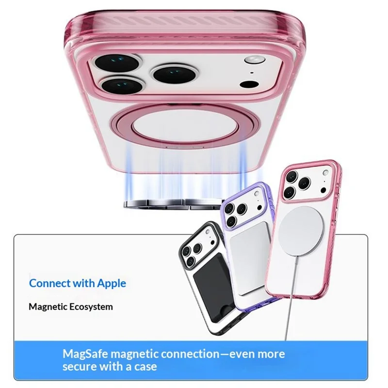 For iPhone 17 Pro Magnetic Case Metal Rotating Kickstand PC + TPU Clear Phone Cover - Pink