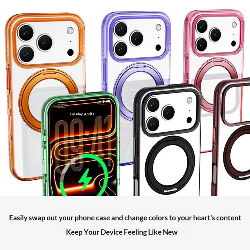 For iPhone 17 Pro Magnetic Case Metal Rotating Kickstand PC + TPU Clear Phone Cover - Pink
