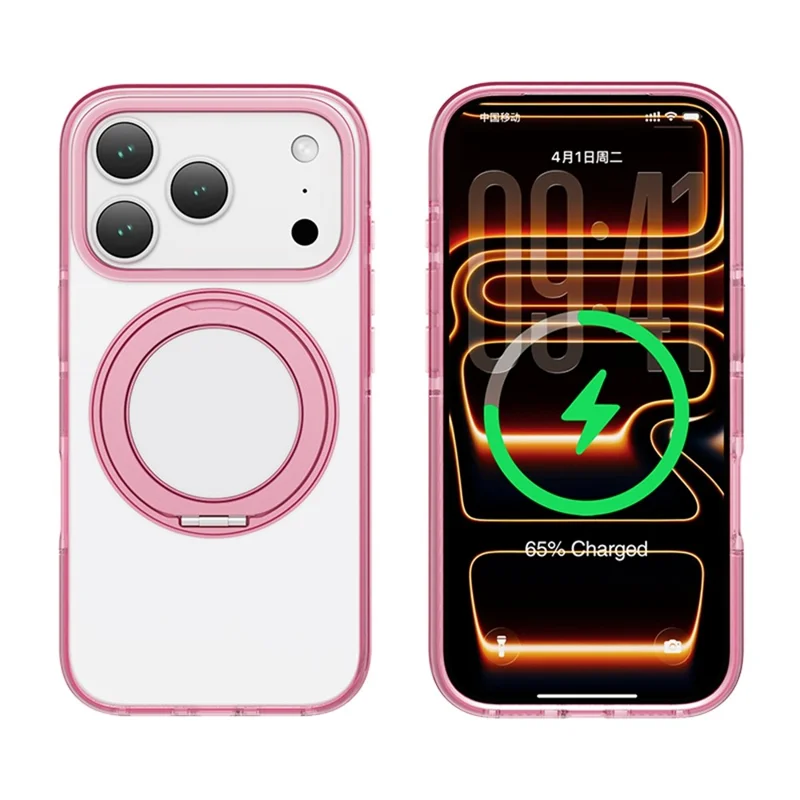 For iPhone 17 Pro Magnetic Case Metal Rotating Kickstand PC + TPU Clear Phone Cover - Pink