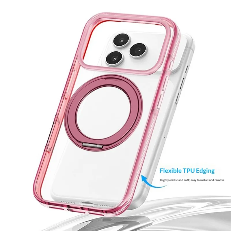 For iPhone 17 Pro Magnetic Case Metal Rotating Kickstand PC + TPU Clear Phone Cover - Pink