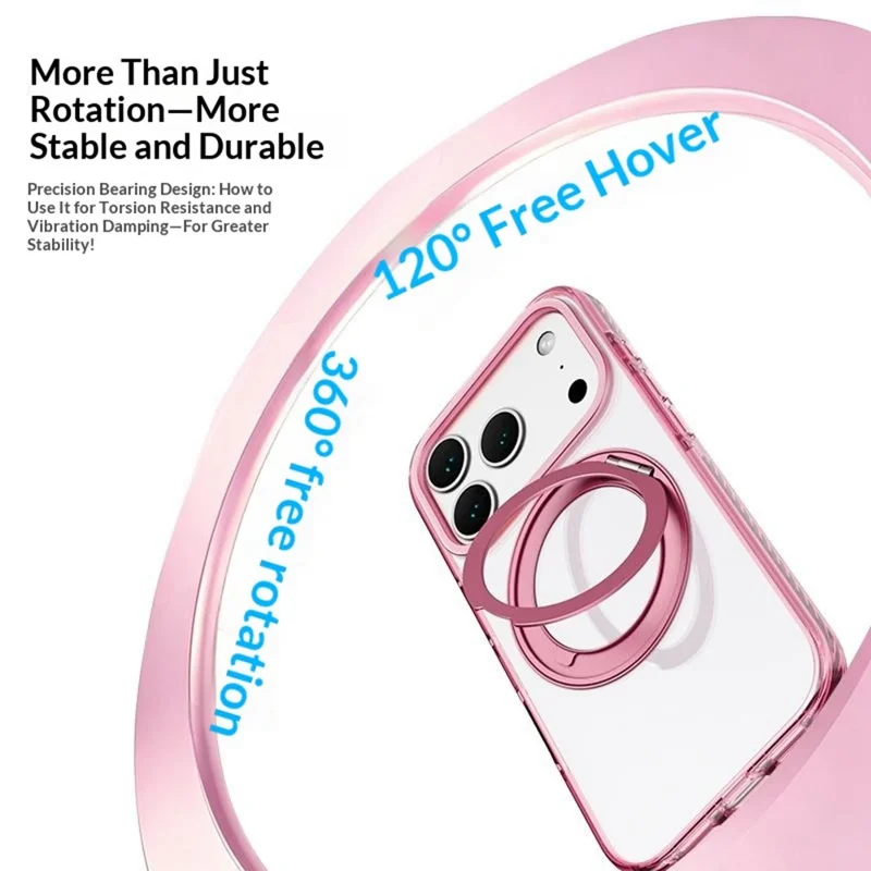 For iPhone 17 Pro Magnetic Case Metal Rotating Kickstand PC + TPU Clear Phone Cover - Pink