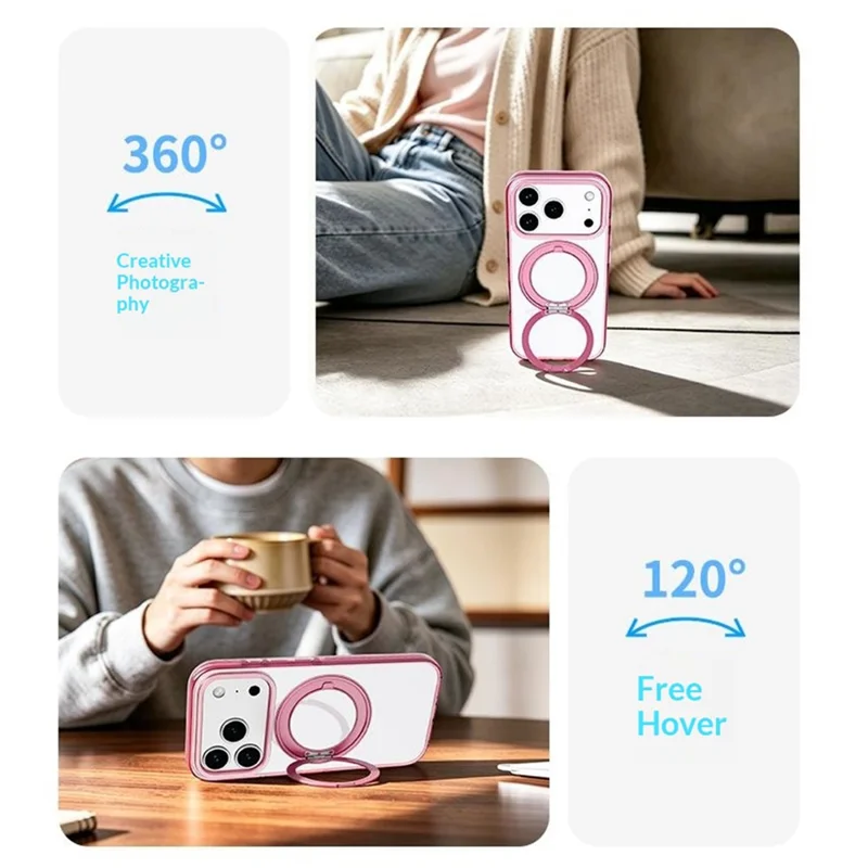 For iPhone 17 Pro Magnetic Case Metal Rotating Kickstand PC + TPU Clear Phone Cover - Pink