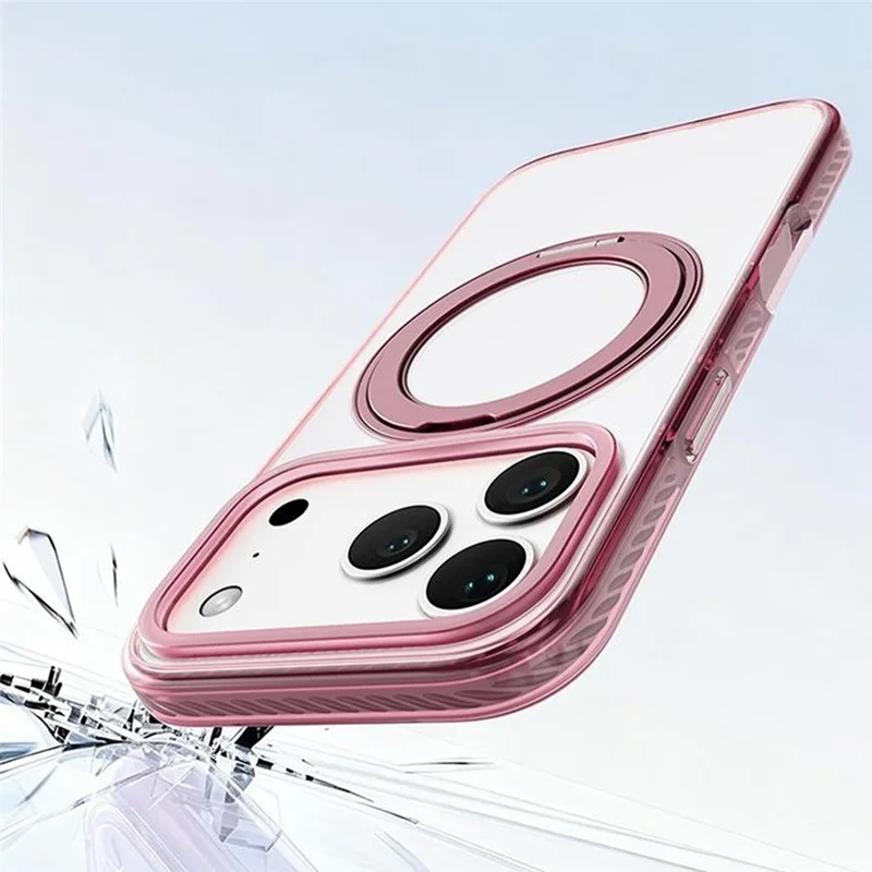 For iPhone 17 Pro Magnetic Case Metal Rotating Kickstand PC + TPU Clear Phone Cover - Pink