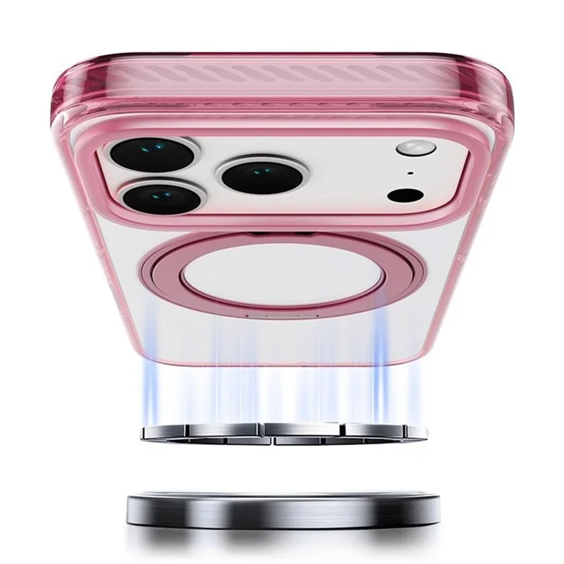 For iPhone 17 Pro Max Magnetic Case Metal Rotating Kickstand PC + TPU Clear Phone Cover - Pink